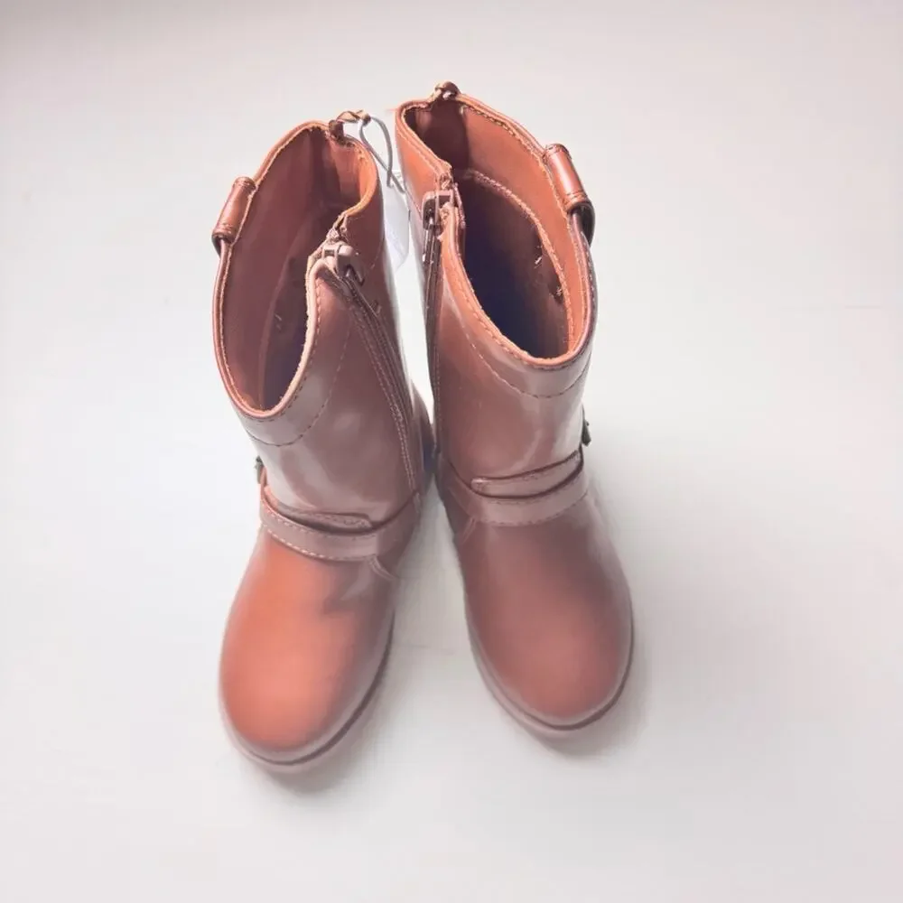 Old Navy Girls Brown Leather Boots with Buckle and SideZippers Sz 9